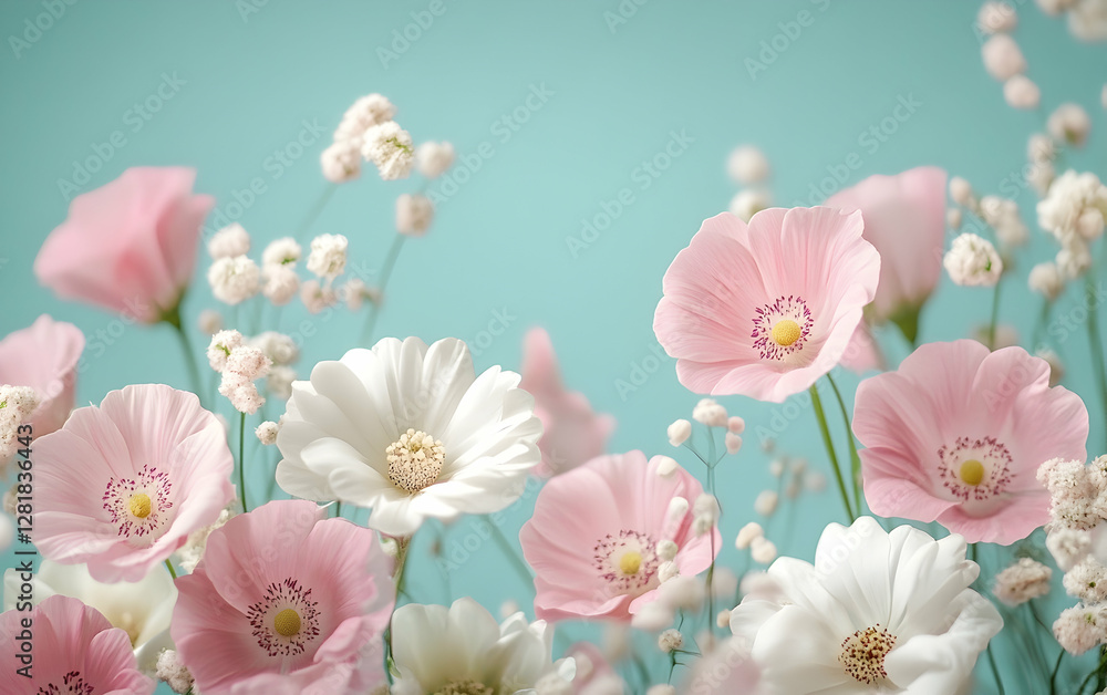 A stunning floral arrangement of pink and white flowers against a soft blue background, perfect for spring celebrations A stunning floral arrangement of pink and white flowers against a soft blue background, perfect for spring celebrations