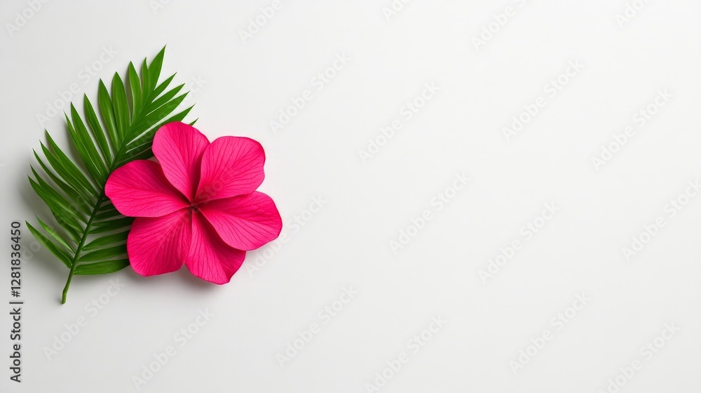Vibrant Pink Flower with Green Leaf on Minimalist Background Vibrant Pink Flower with Green Leaf on Minimalist Background