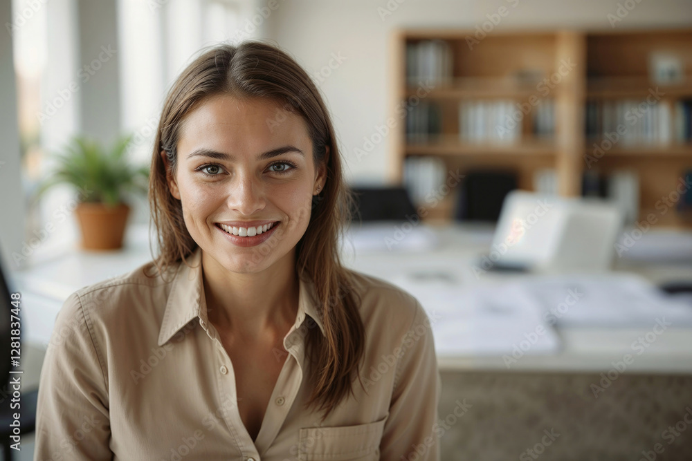 Portrait of happy beautiful woman architect in design office looking at camera Portrait of happy beautiful woman architect in design office looking at camera
