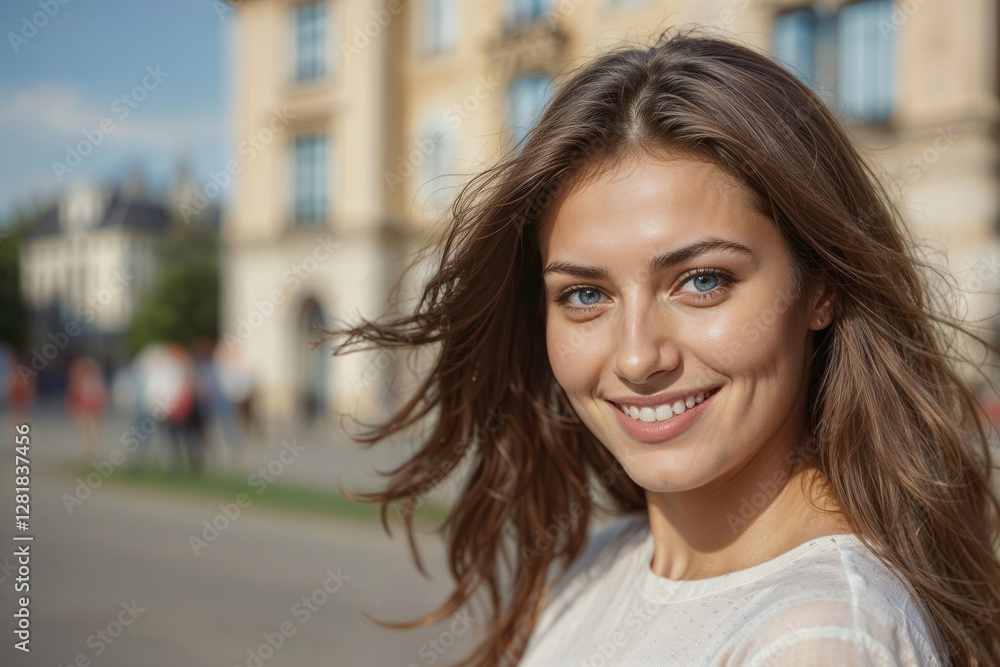 Closeup of happy beautiful brunette female smiling and looking at camera on a blurred background in town with copy space Closeup of happy beautiful brunette female smiling and looking at camera on a blurred background in town with copy space