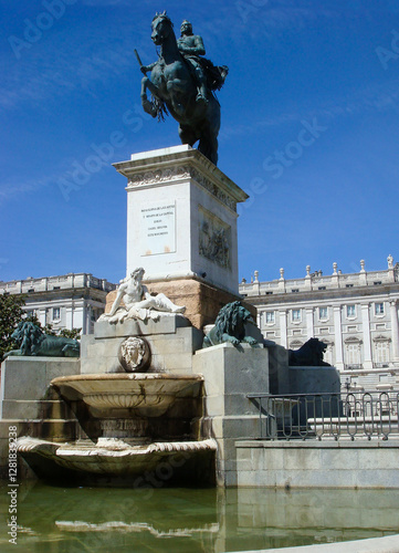 A statue of King Philip IV on horseback stands in the Plaza de Oriente in Madrid. Spain. photo