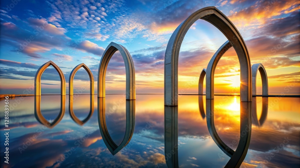 Golden Hour Archways Reflective Water, Sunset Cloudscape, Abstract Composition, Architecture Photography Keywords Arch, Sunset Golden Hour Archways Reflective Water, Sunset Cloudscape, Abstract Composition, Architecture Photography Keywords Arch, Sunset