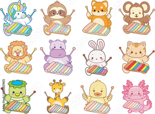 Set Vector Stock Illustrations Isolated of Baby Animals.
Cute animals with various activities.
Funny sticker of animal kids.