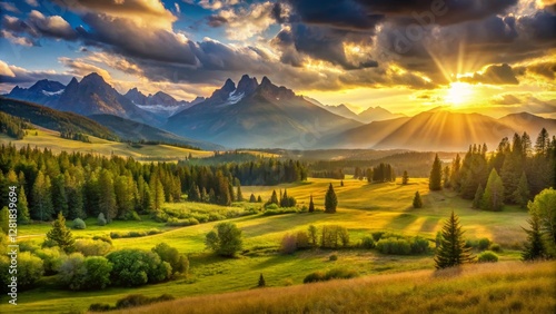 Golden Hour Mountain Valley Landscape Dramatic Sunset, Lush Meadows, Coniferous Forest, Epic Composition landscape photography, mountain scenery