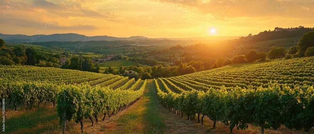 Naklejka premium Serene vineyard landscape at sunset with golden light illuminating rolling hills and lush green vines creating a tranquil and picturesque rural scene