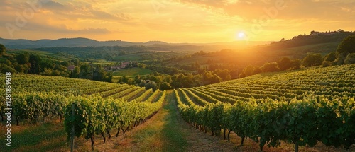 Wallpaper Mural Serene vineyard landscape at sunset with golden light illuminating rolling hills and lush green vines creating a tranquil and picturesque rural scene Torontodigital.ca