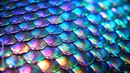 Iridescent Mermaid Scales Macro Photography of Overlapping Scales with Blue, Purple, and Green Hues, Mermaid Texture, Fantasy Background Mermaid scales, iridescent texture photo