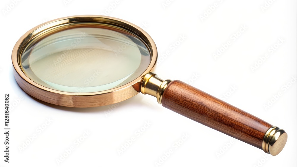 Magnifying Glass Gold and Wood, Round Lens, Close-up View, Investigation Concept, Vintage Magnifier Magnifier, Investigation