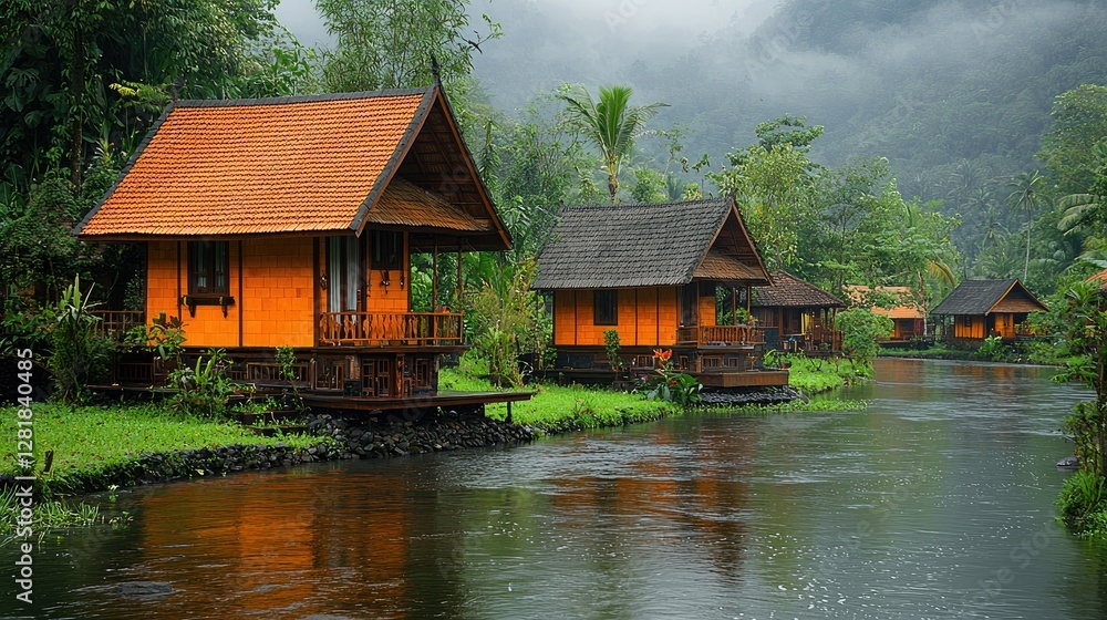 Obraz premium Orange wooden cabins are situated near a flowing river