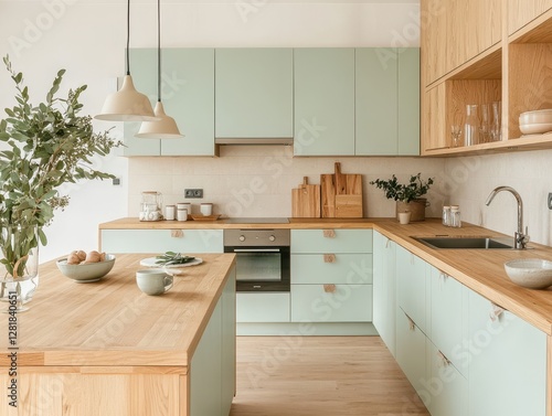 A Bright Modern Kitchen with Light Green Cabinets