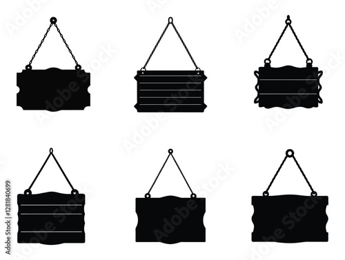 Hanging wooden sign board silhouette set. Blank antique wooden sign board collection. vector illustration