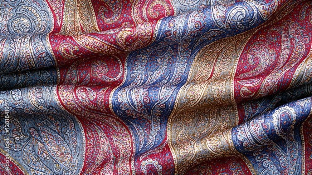 Classic paisley pattern in rich colors on a textured fabric background: A luxurious textile pattern featuring detailed paisley motifs in deep reds, blues, and golds, woven onto an elegant textured Classic paisley pattern in rich colors on a textured fabric background: A luxurious textile pattern featuring detailed paisley motifs in deep reds, blues, and golds, woven onto an elegant textured