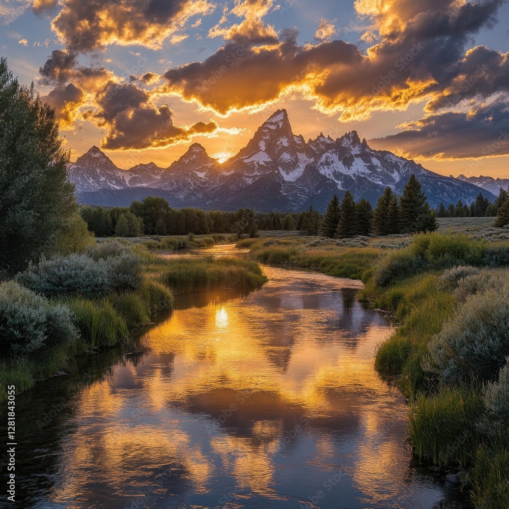 Fototapeta premium Serene sunset illuminating the Grand Teton mountains reflected in the Snake river with golden light and dramatic clouds creating a tranquil and majestic landscape view