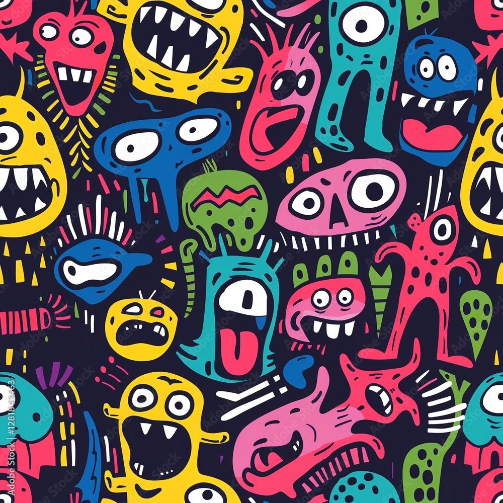 Vibrant Colorful Monster Seamless Pattern Design Fun Cartoon Illustration Graphic Background Texture for Kids Textile Print Bright Happy Playful Doodle Style Unique Artistic Digital Art cute Vibrant Colorful Monster Seamless Pattern Design Fun Cartoon Illustration Graphic Background Texture for Kids Textile Print Bright Happy Playful Doodle Style Unique Artistic Digital Art cute