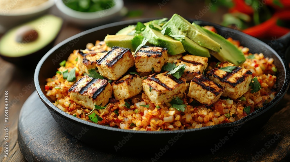 Close-up grilled tofu dish stir fried rice Close-up grilled tofu dish stir fried rice