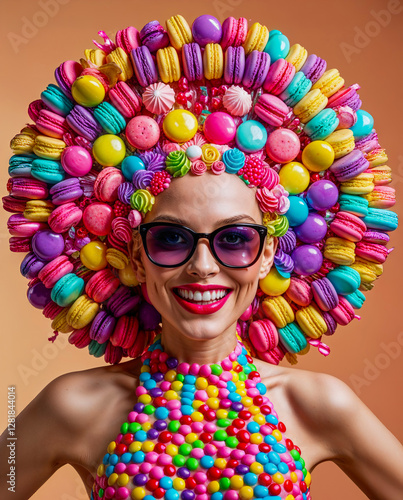 Portrait of a Girl with glasses in a carnival costume and a sweet macaroni hairstyle on her head. photo