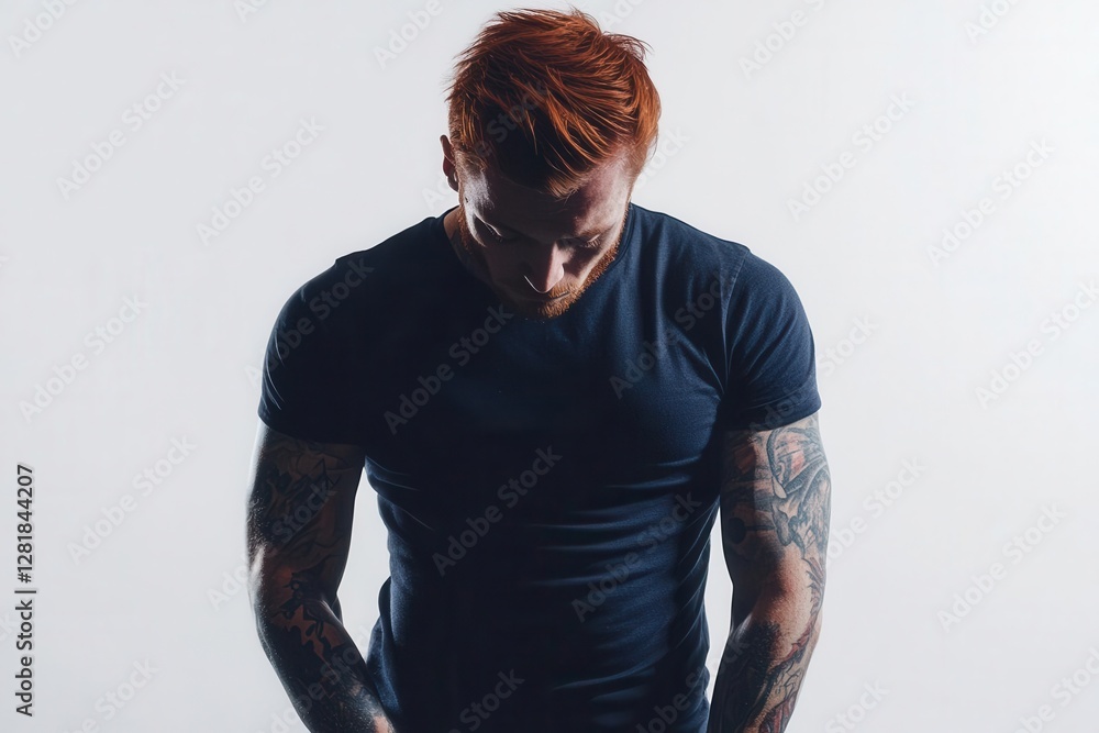 mysterious tattooed model in fitted navy tshirt against stark white background dramatic studio lighting emphasizing form mysterious tattooed model in fitted navy tshirt against stark white background dramatic studio lighting emphasizing form