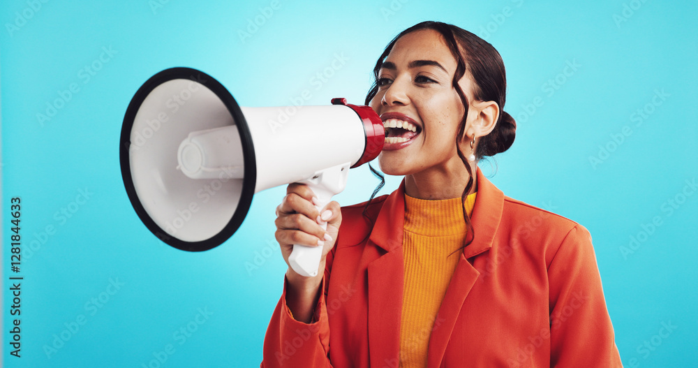 Woman, speaker and protest news in studio, propaganda and human rights rally on blue background. Government, broadcast information and megaphone for speech, revolution and person for announcement Woman, speaker and protest news in studio, propaganda and human rights rally on blue background. Government, broadcast information and megaphone for speech, revolution and person for announcement