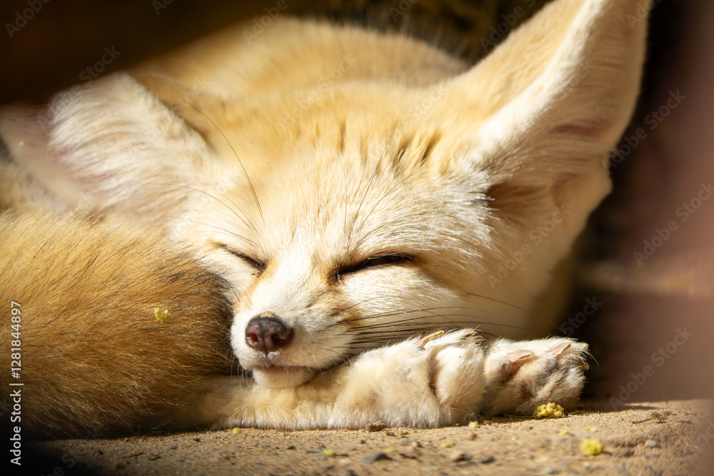 Obraz premium cute fennec desert fox sleeping peacefully. close up photo
