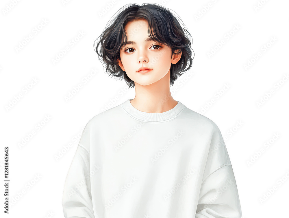 Elegant woman in white top and dark hair, a minimalist portrait capturing simple beauty. Elegant woman in white top and dark hair, a minimalist portrait capturing simple beauty.