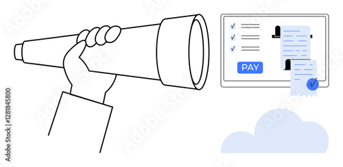 Hand holding a telescope looking towards a computer screen displaying a payment form with a checklist, receipt, and PAY button. Ideal for finance management, online transactions, seeking