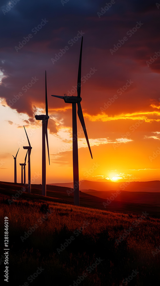 Obraz premium A cinematic still of wind turbines in the distance, sunset 