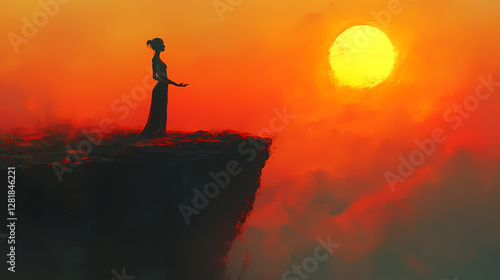 Silhouette of Woman Practicing Yoga on Mountain Cliff During Golden Hour Sunrise with Ethereal Fog and Soft Brush Strokes