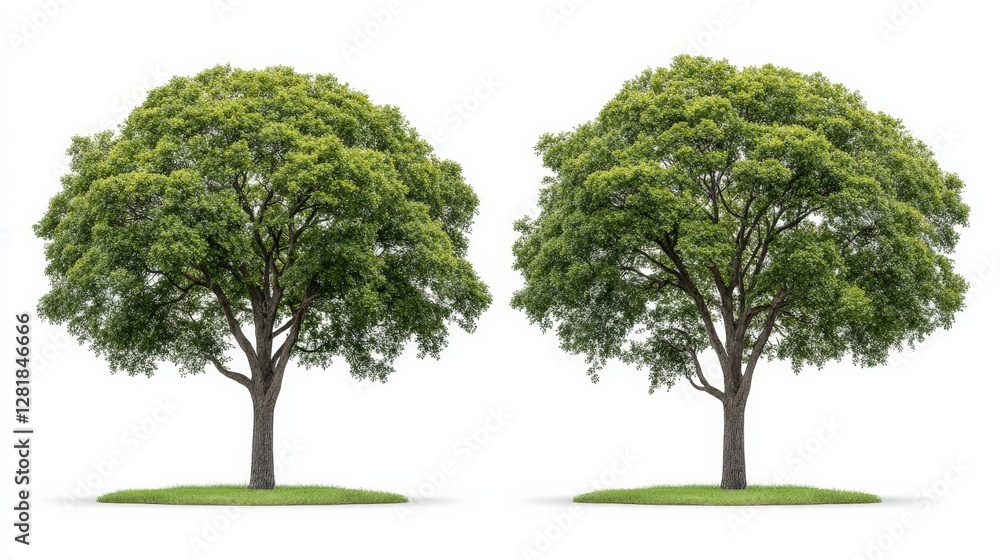Two Lush Green Trees with Dense Foliage on White Background Two Lush Green Trees with Dense Foliage on White Background