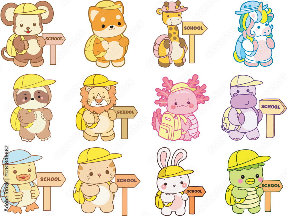 Obraz premium Set Vector Stock Illustrations Isolated of Baby Animals. Cute animals with various activities. Funny sticker of animal kids.