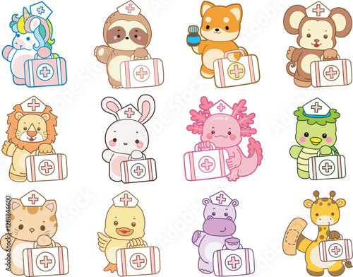 Set Vector Stock Illustrations Isolated of Baby Animals.
Cute animals with various activities.
Funny sticker of animal kids.