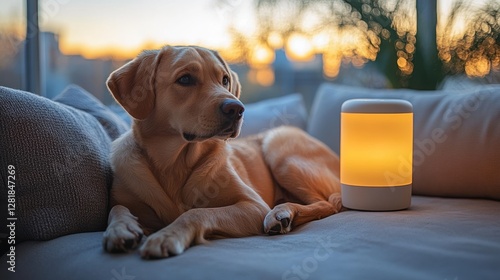 Golden Retriever Relaxing on a Cozy Sofa Beside a Warm Lamp, Enjoying the Evening Light with an Outdoor View through the Window, Creating a Serene and Comfortable Atmosphere