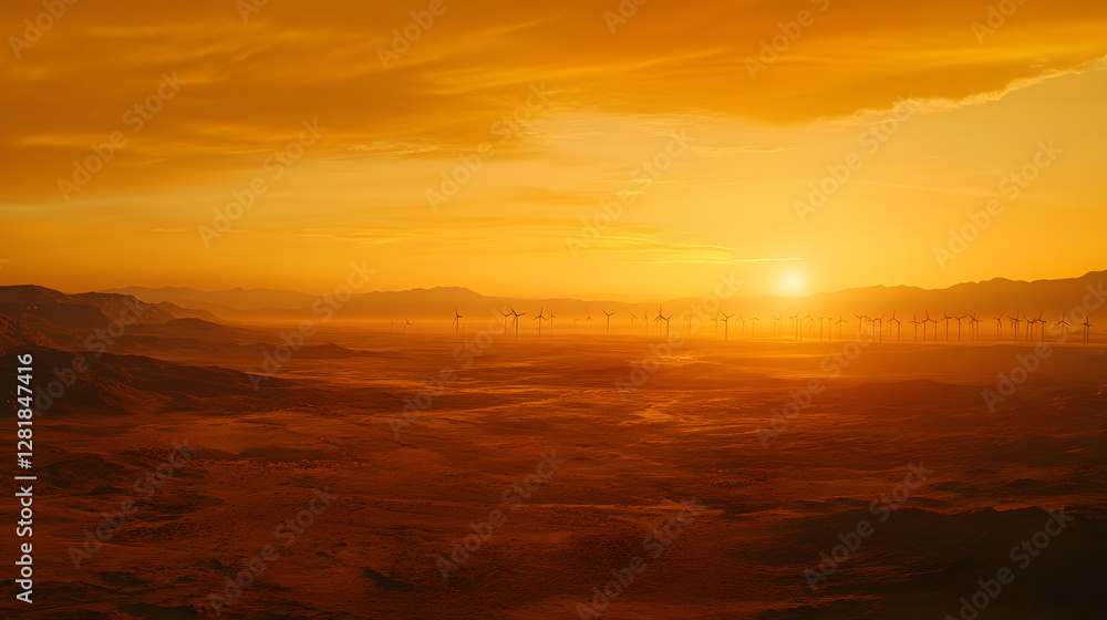 Fototapeta premium A cinematic still of wind turbines in the distance, sunset 