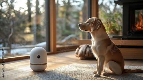 Golden Retriever Puppy Watching Outdoors in Cozy Room, Home Security Camera Near Window with Fireplace and Soft Light. Serene Indoor Scene.
