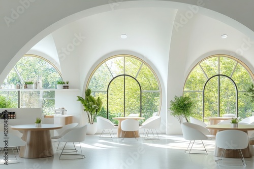 Modern cafe interior design with arched windows and round tables in a bright space. 3D Rendering