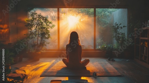 Golden Hour Serenity: A Woman Meditates in a Sunlit Room, Finding Peace Amidst Indoor Plants and a Tranquil Garden View, Radiating Warmth and Well-being