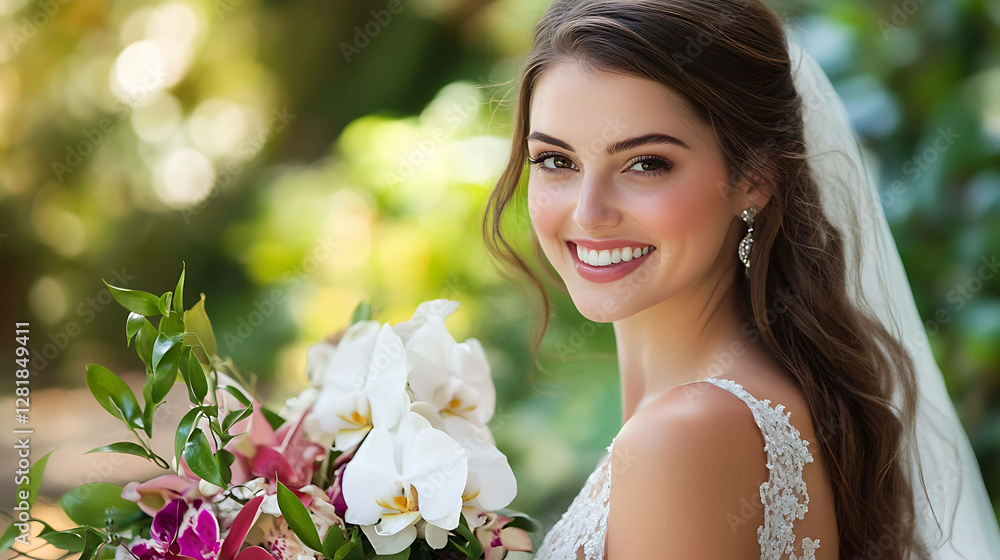 A bride holding a cascading bouquet of orchids and ivy A bride holding a cascading bouquet of orchids and ivy