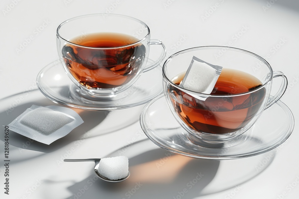 Two Cups of Tea with Sugar Packets and Spoon Two Cups of Tea with Sugar Packets and Spoon