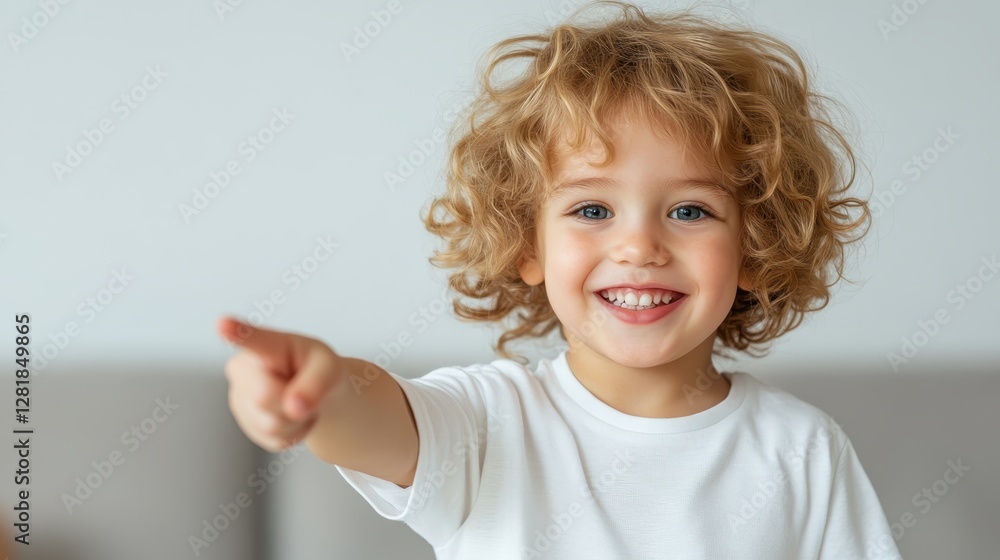A joyful child with curly hair is playfully pointing while beaming a bright smile, radiating innocence and happiness in a modern interior setting. A joyful child with curly hair is playfully pointing while beaming a bright smile, radiating innocence and happiness in a modern interior setting.