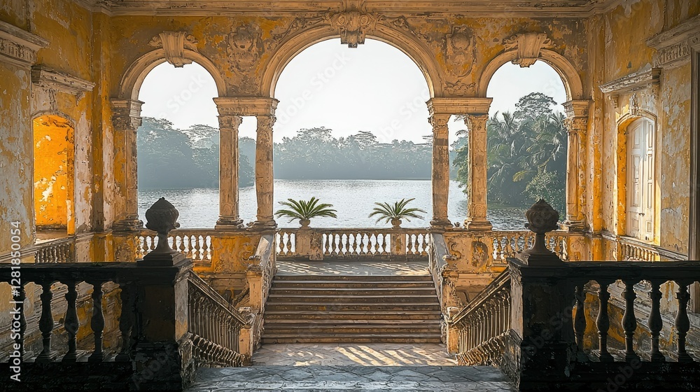 Fototapeta premium An aged architectural structure overlooking a serene lake