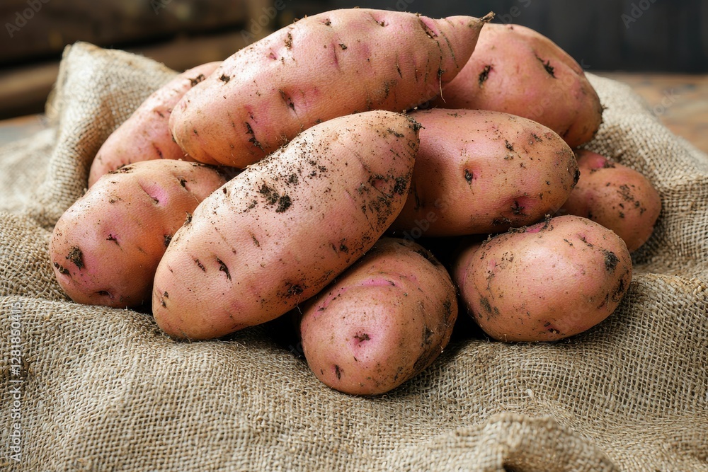 Heap of freshly harvested sweet potatoes with soil remnants, resting on a rustic burlap sack, showcasing natural texture and healthy raw food, perfect for culinary projects. Heap of freshly harvested sweet potatoes with soil remnants, resting on a rustic burlap sack, showcasing natural texture and healthy raw food, perfect for culinary projects.
