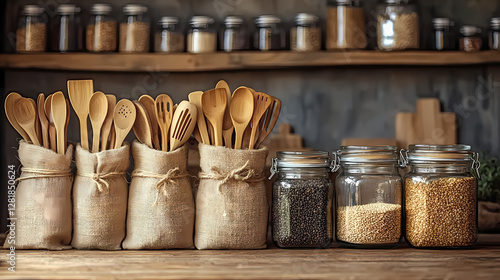 Zero-Waste Kitchen Flat Lay with Bamboo Utensils, Linen Bags, and Glass Jars on Rustic Wooden Table in Warm Sunlight
