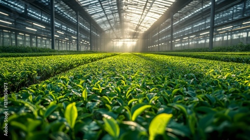 Lush Green Tea Plantation Inside a Modern Greenhouse Bathed in Morning Sunlight, Cultivating Growth and Freshness for Premium Tea Production