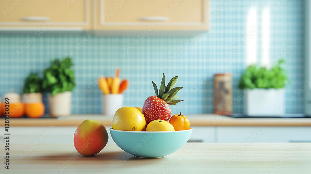 A modern kitchen counter with a perfectly organized fruit bowl on a pastel backdrop A modern kitchen counter with a perfectly organized fruit bowl on a pastel backdrop