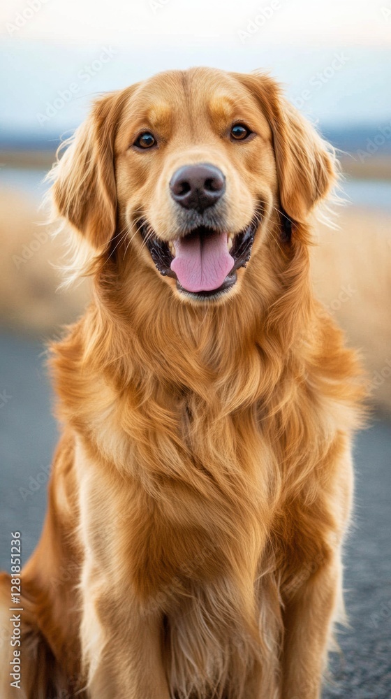 Golden retriever with a joyful expression posing outdoors during sunset in a serene landscape setting. Generative AI Golden retriever with a joyful expression posing outdoors during sunset in a serene landscape setting. Generative AI