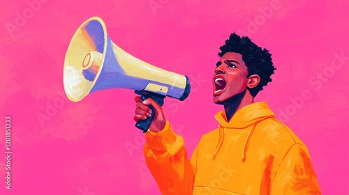 A vibrant artwork depicting a young person passionately speaking through a megaphone against a bright pink background.