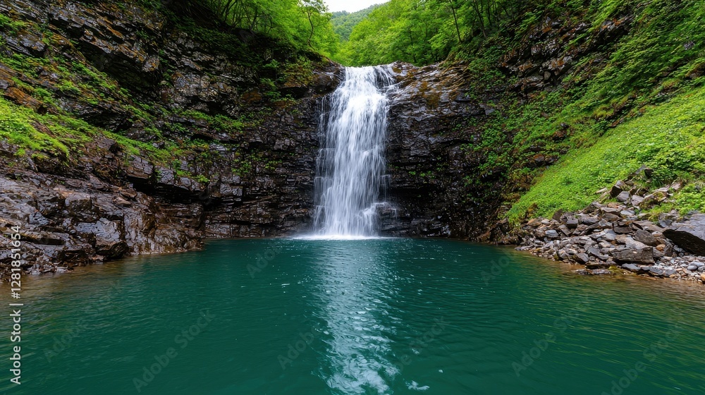 Fototapeta premium A serene waterfall cascades into a crystal-clear pool, surrounded by lush greenery and rocky cliffs, creating a tranquil natural haven.