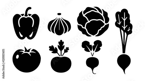 Black and White Vector Set of Various Vegetables Including Bell Pepper, Garlic, Lettuce, Tomato, and Radish