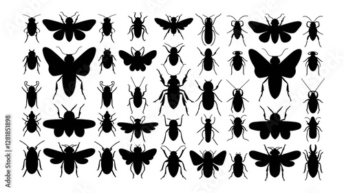 Set of Black Silhouettes of Various Insects, Beetles, Flies, and Ants in Different Poses, Isolated 