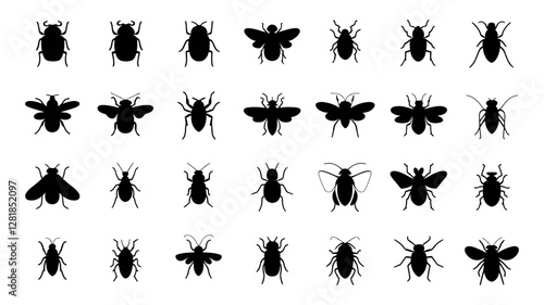 Set of Black Silhouettes of Various Insects, Beetles, Flies, and Ants in Different Poses, Isolated 