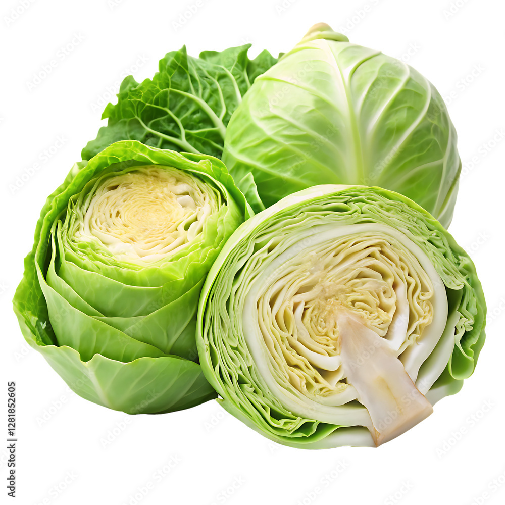 Fototapeta premium Fresh Green Cabbage Whole and Sliced isolated on white background as transparent. PNG.AI GENERATED